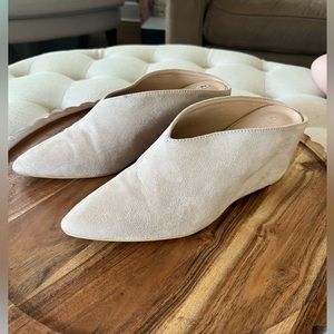Nude suede, slip on heeled wedges